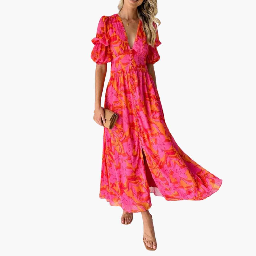 Robe Maxi Élégante pour Femmes - Décolleté en V & Manches Bouffantes
