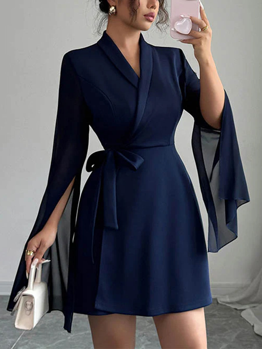 Trapèze taille élastiquée entrelacé transparent couleur unie à empiècements taille nouée sur le côté col en V Robes courtes