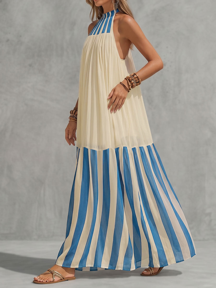 Robe longue ample plissée rayée coupe trapèze, à col licou, couleur contrastée