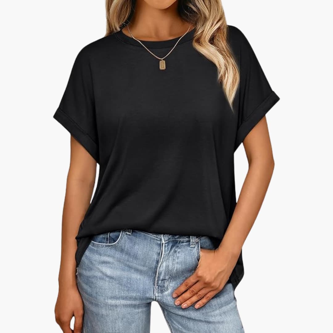 T-shirt oversize pour femmes avec col rond et manches retroussées