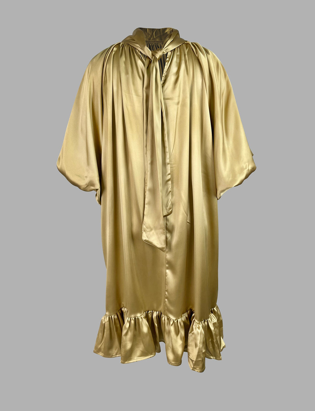 Robe courte ample à manches bouffantes, à falbalas, à col haut, couleur unie