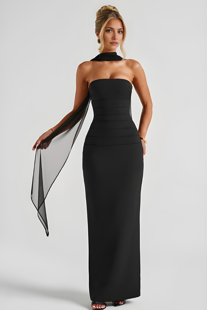 Deborah - Robe maxi bandage sans bretelles avec drapé en chiffon