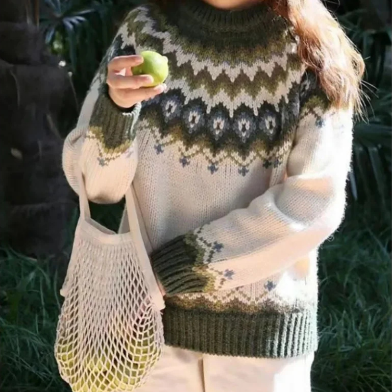 Pull en maille norvégienne pour femmes | Pull d'hiver avec col rond