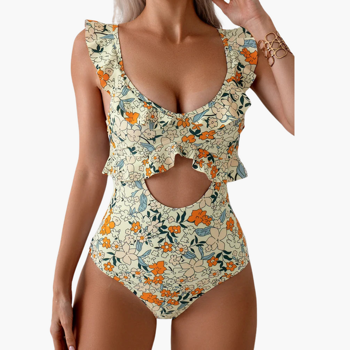 Maillot de bain femme - Monokini floral avec volants et découpes