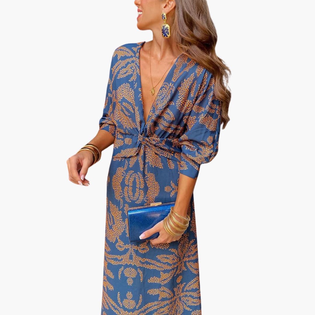 Robe midi pour femmes - Motif floral, manches longues & décolleté en V