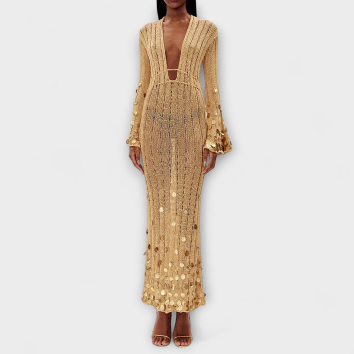 Kathleen - Robe maxi en tricot doré de Dolly