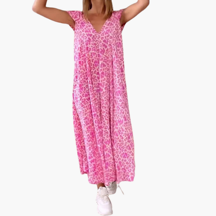 Robe maxi léopard pour femmes – Décolleté en V et coupe décontractée