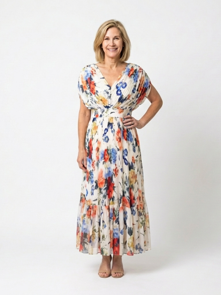 Savannah | Robe midi florale à manches courtes et plissée