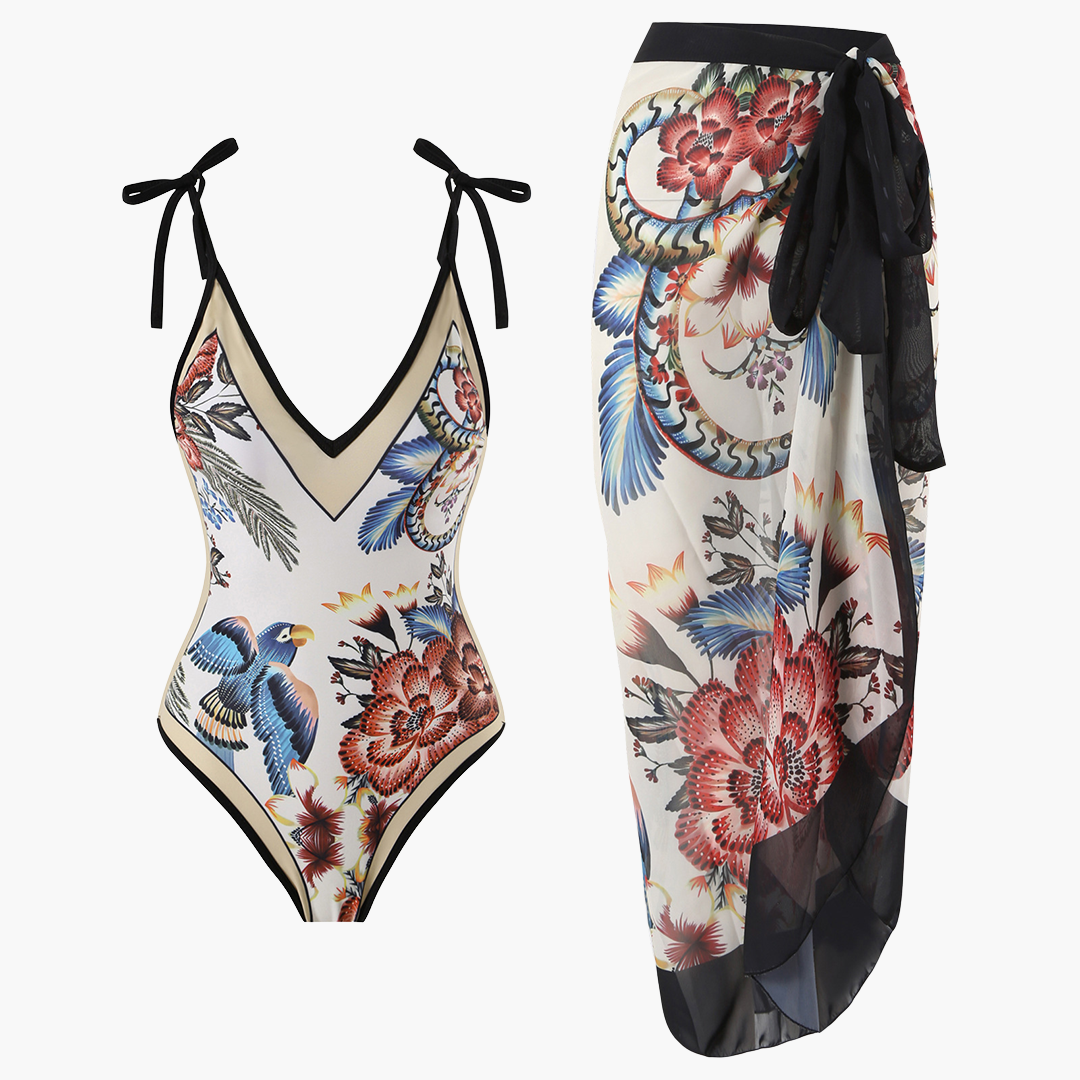 Ensemble de maillot de bain pour femmes - avec motif floral et paréo
