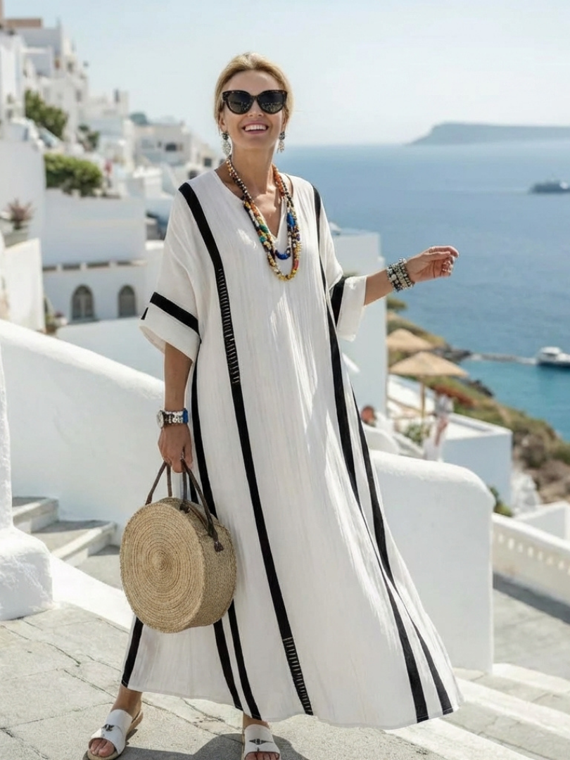 Elvienne | Robe Maxi Femme Colorblock à Manches Courtes Élégante