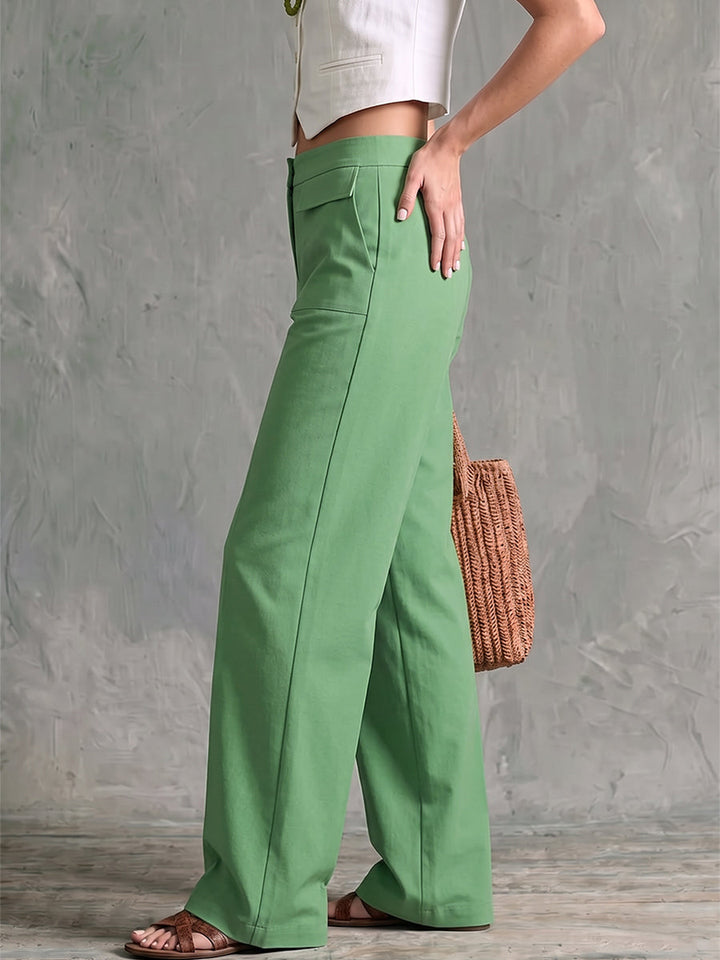 Pantalon boutonné à poches, à taille élastique, à jambes larges, taille haute, couleur unie