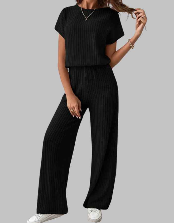 Paula | Ensemble en maille côtelée pour femmes, top à manches courtes et pantalon large décontracté