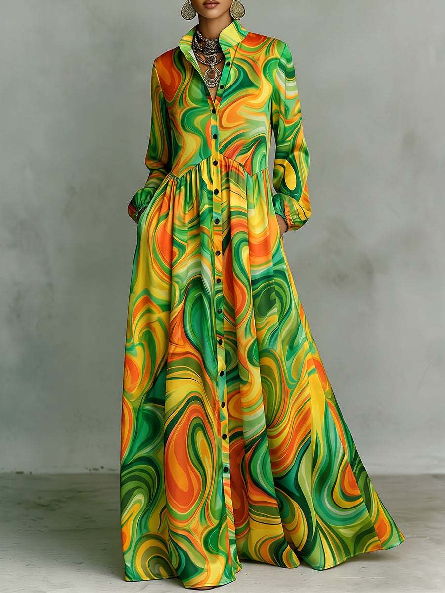 Robe longue imprimée plissée ample à poches, à manches longues, à col montant, couleur contrastée