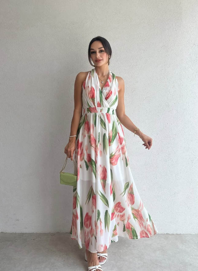 Halsey - Robe maxi à motif floral avec col noué