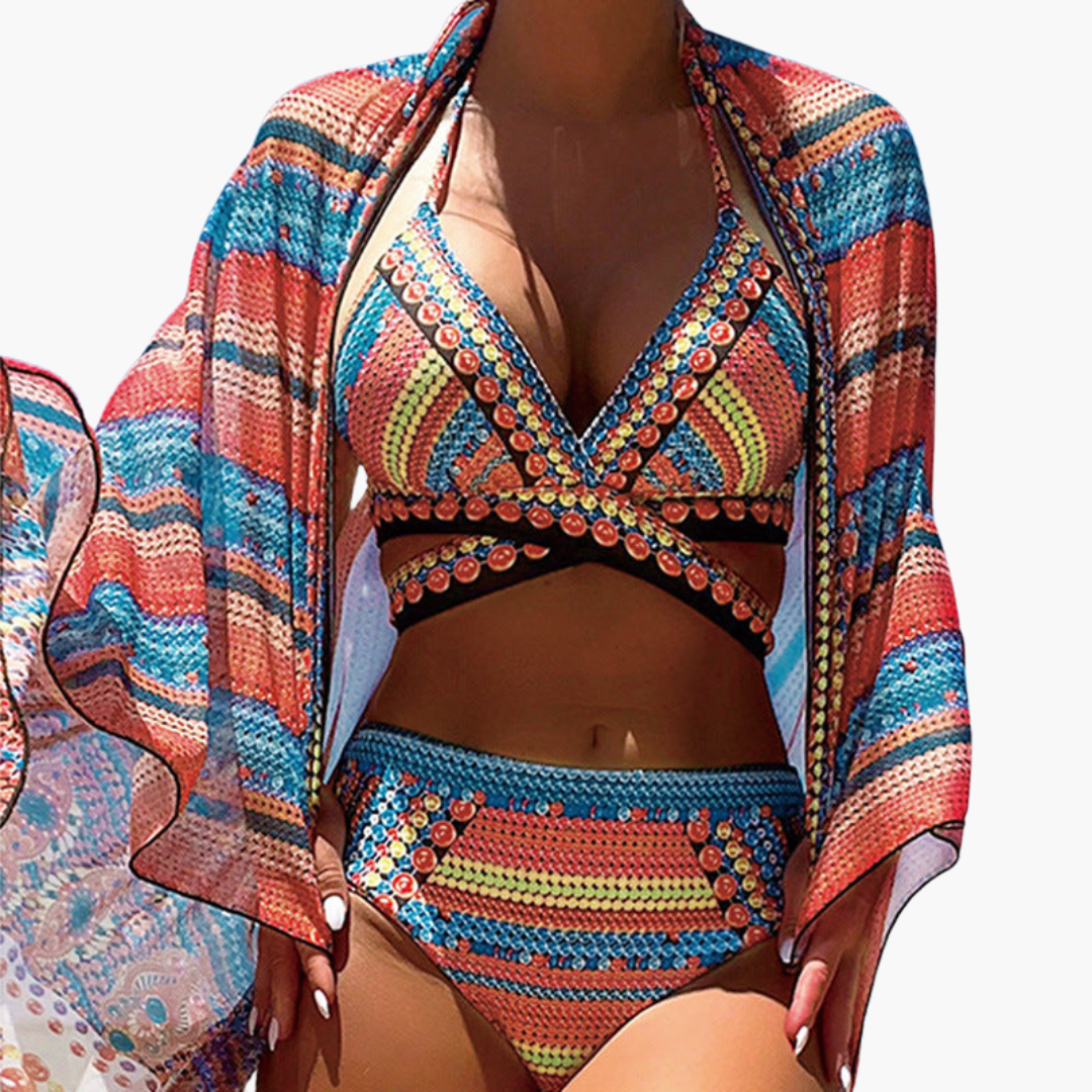 Ensemble de bikini trois pièces - Femme taille haute avec bretelles croisées