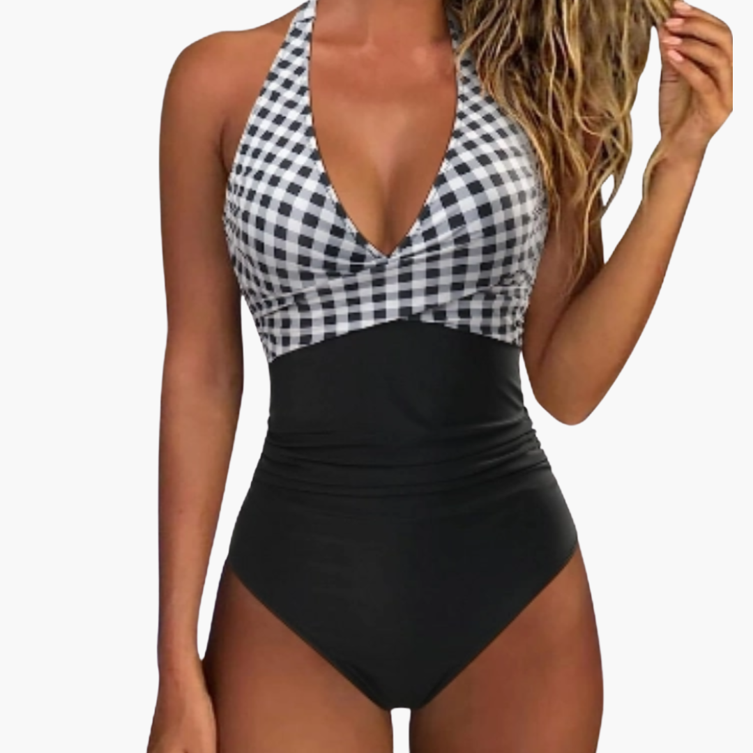 Maillot de bain d'été à carreaux - Une pièce pour femmes avec décolleté en V