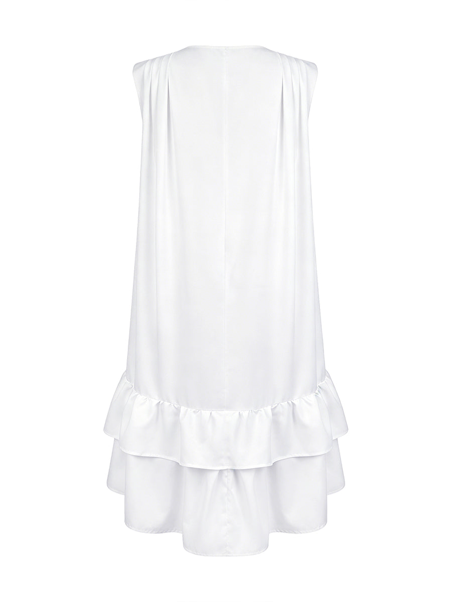 Robe courte ample plissée volantée à ourlet plongeant, à décolleté en V profond, couleur unie