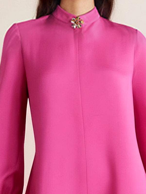 Robe chemise à manches bouffantes, à empiècements, à col rond, couleur unie