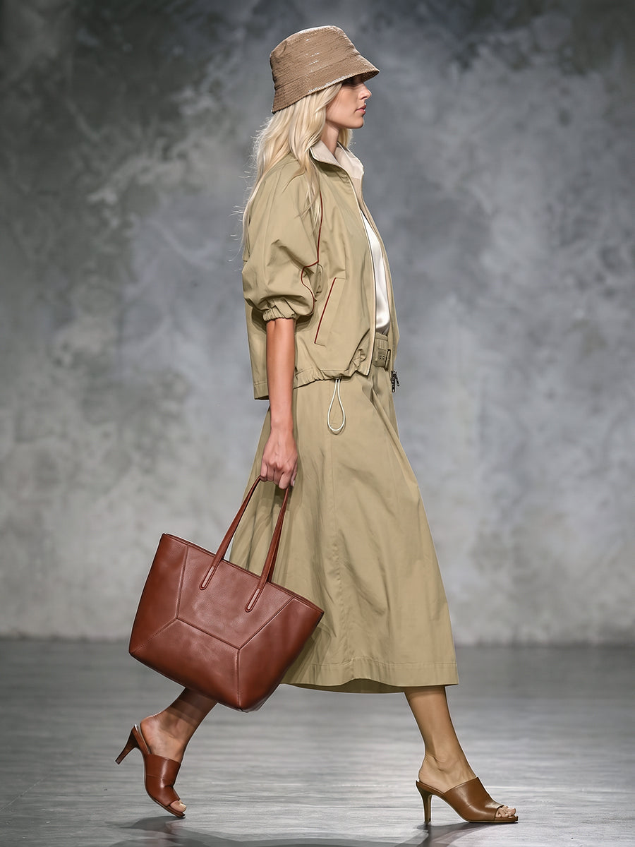 Veste ample à fermeture éclair, à cordon de serrage, à manches mi-longues, à col revers, couleur contrastée