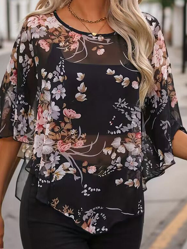 Kimono transparent à manches chauve-souris, à manches mi-longues, à imprimé floral, à col rond