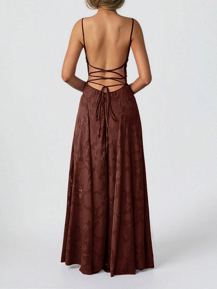 Robe longue plissée coupe trapèze, taille haute, en jacquard, à fines bretelles, couleur unie