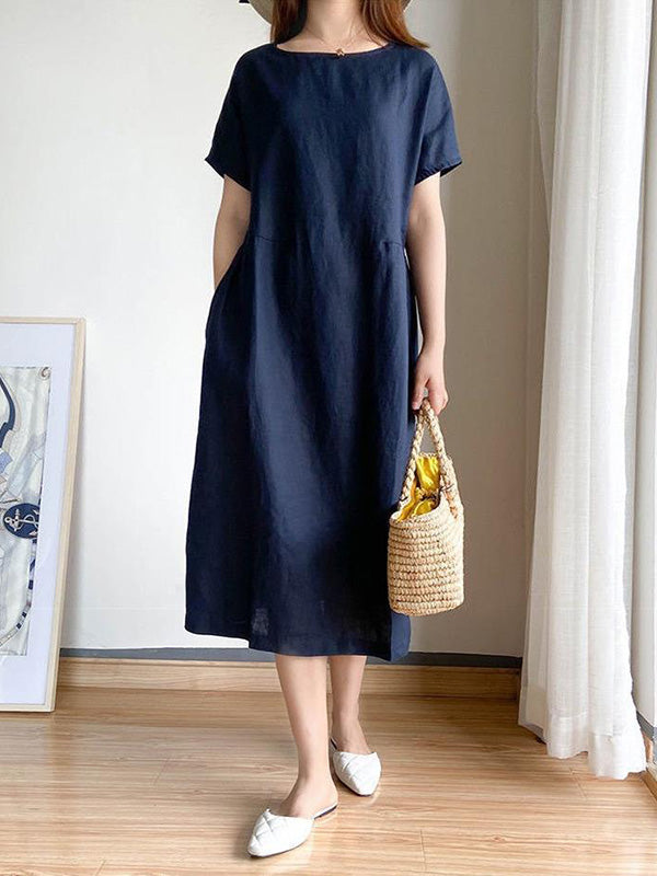 Robe mi-longue décontractée ample à col rond, couleur unie