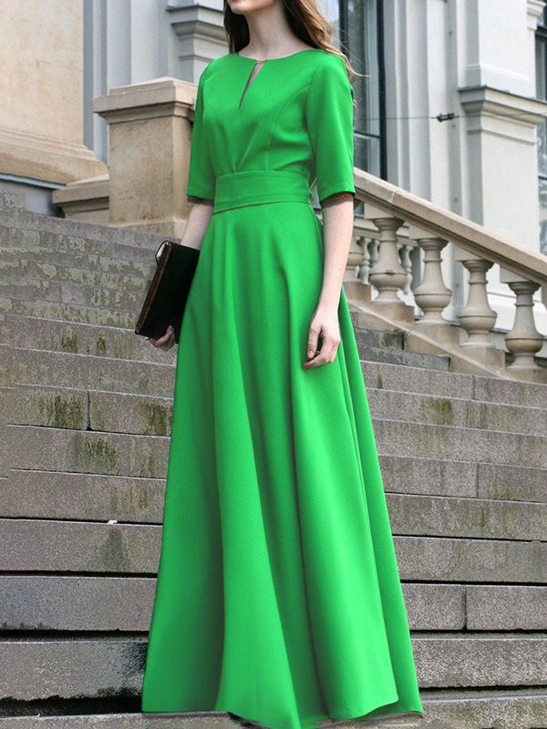 Robe longue à manches mi-longues, taille haute, à taille nouée, à col en V, couleur unie