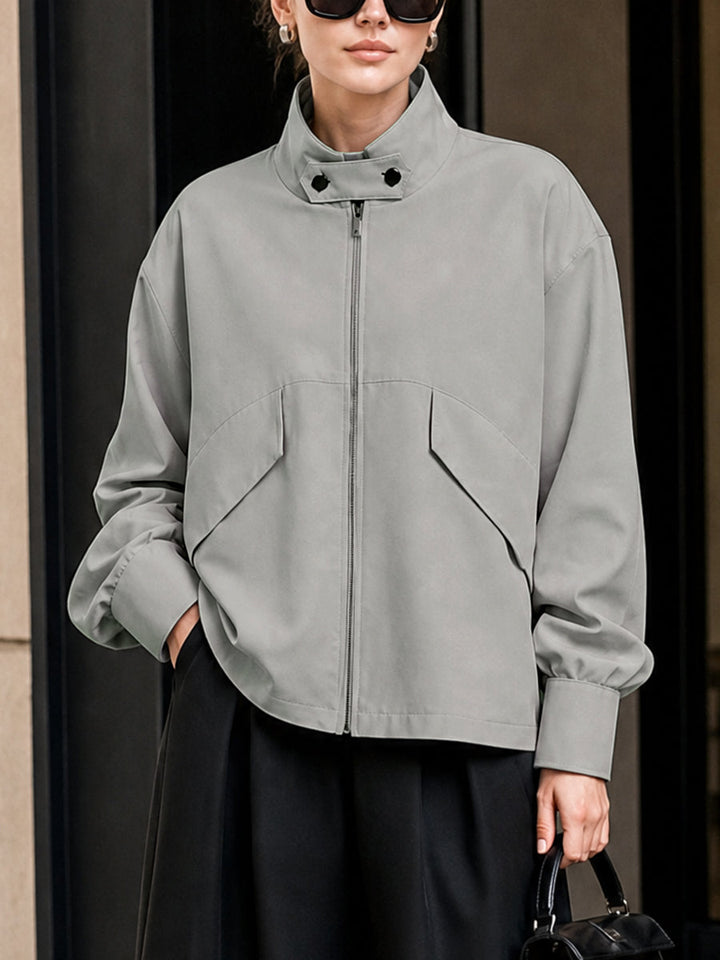 Veste ample à fermeture éclair, à manches longues, à col montant, couleur unie