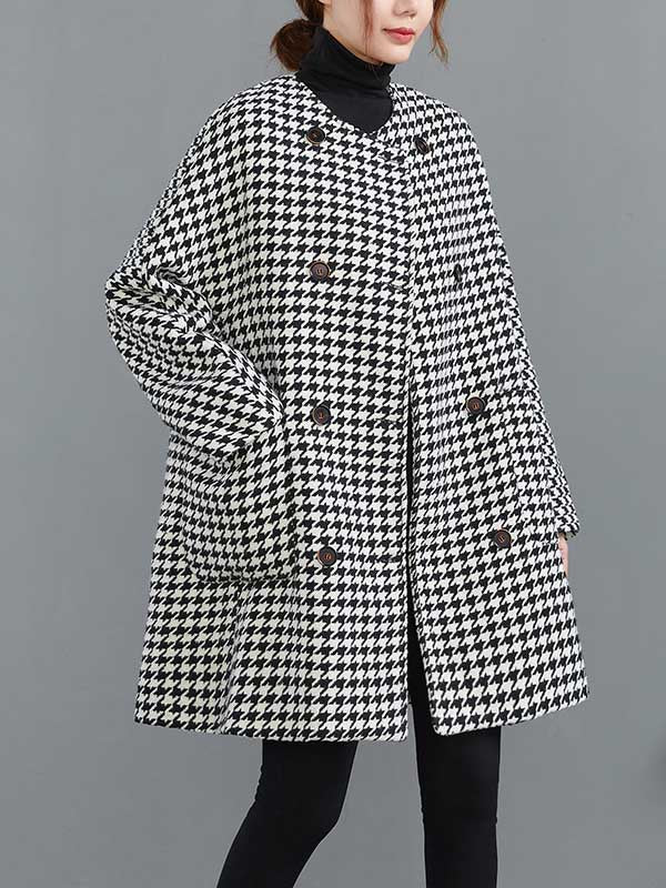 Manteau en laine ample boutonné à motif pied-de-poule, à col rond, à manches longues