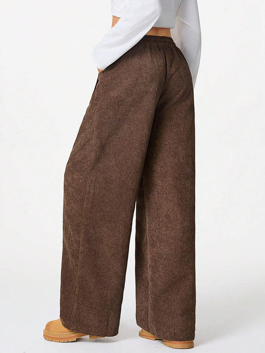 Pantalon taille haute, à jambes larges, à cordon de serrage, à taille élastique, à poches, couleur unie
