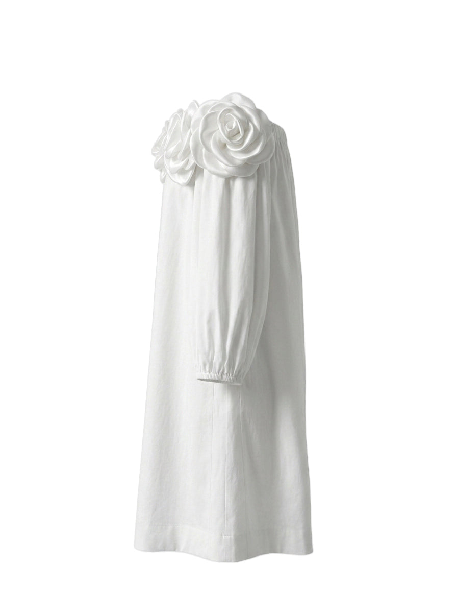 Robe courte ample à manches mi-longues, à poches, à fleurs en 3D, à épaules dénudées, couleur unie