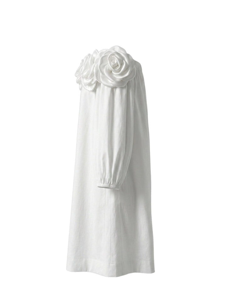 Robe courte ample à manches mi-longues, à poches, à fleurs en 3D, à épaules dénudées, couleur unie
