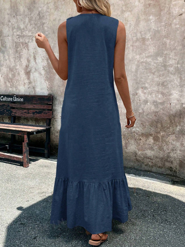 Robe longue ample plissée coupe trapèze, à bordure volantée, à col en V, couleur unie