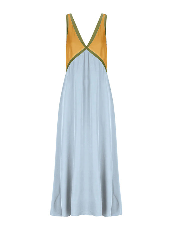 Robe longue ample sans manches, à empiècements, à décolleté en V profond, couleur contrastée