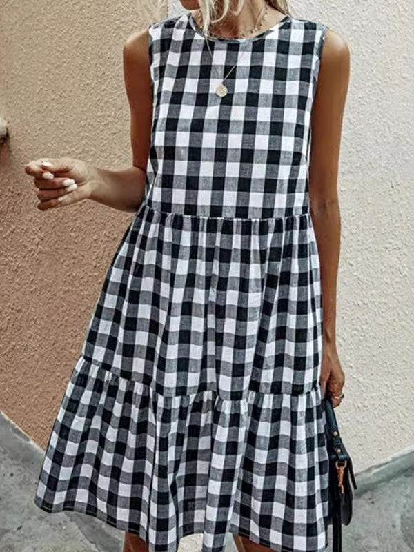Robe courte ample ajourée plissée sans manches, à carreaux, à empiècements, à col rond