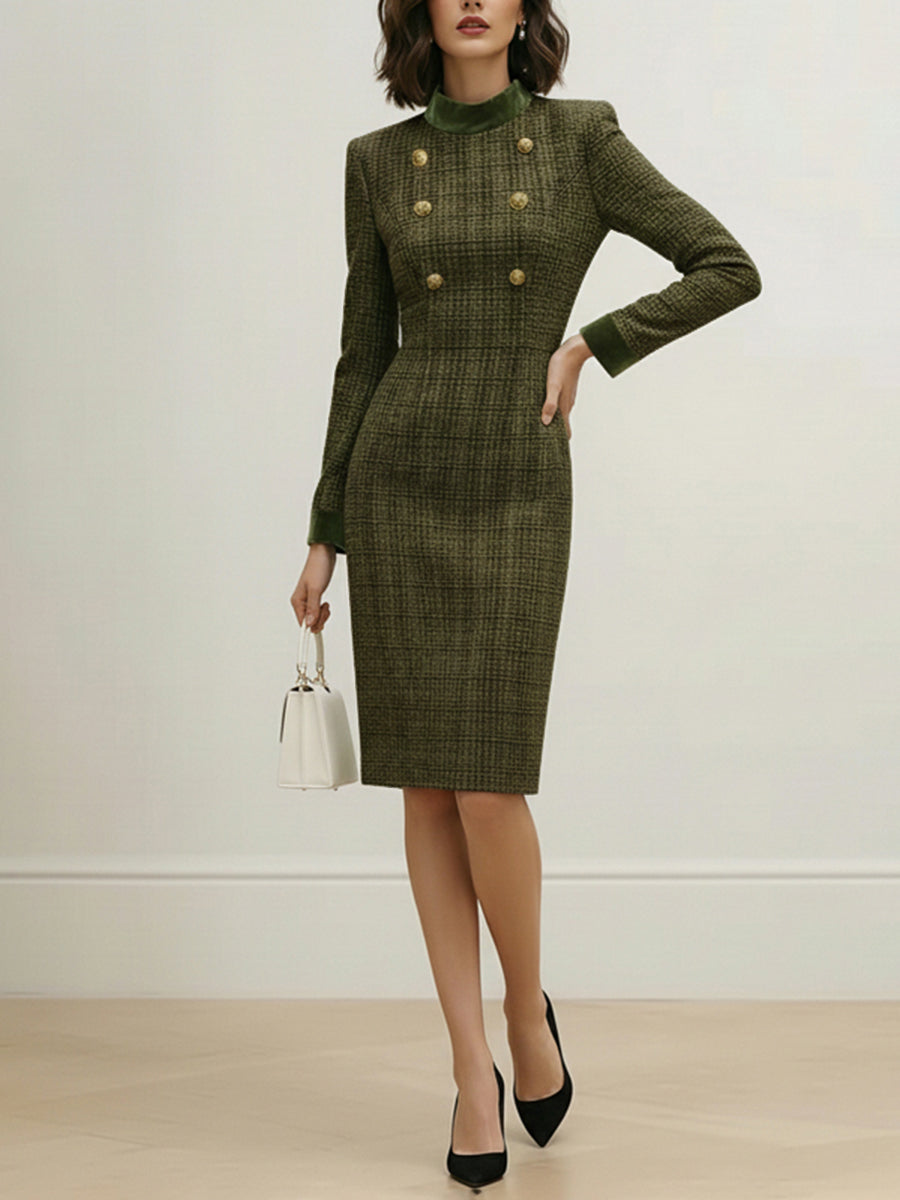 Robe mi-longue boutonnée taille haute, à manches longues, à empiècements, à fermeture éclair, à col cheminée, couleur unie