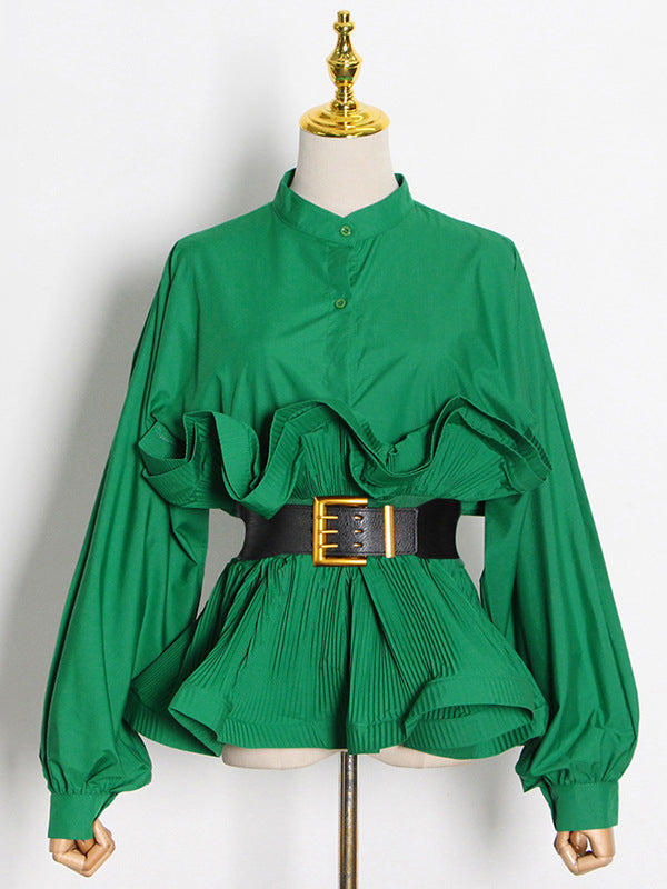 Chemisier élégant ample boutonné à manches longues, à falbalas, avec ceinture, à col montant, couleur unie