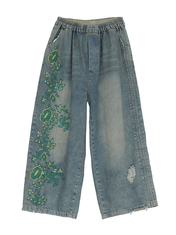 Pantalon en jean colonne à jambe large brodé Original