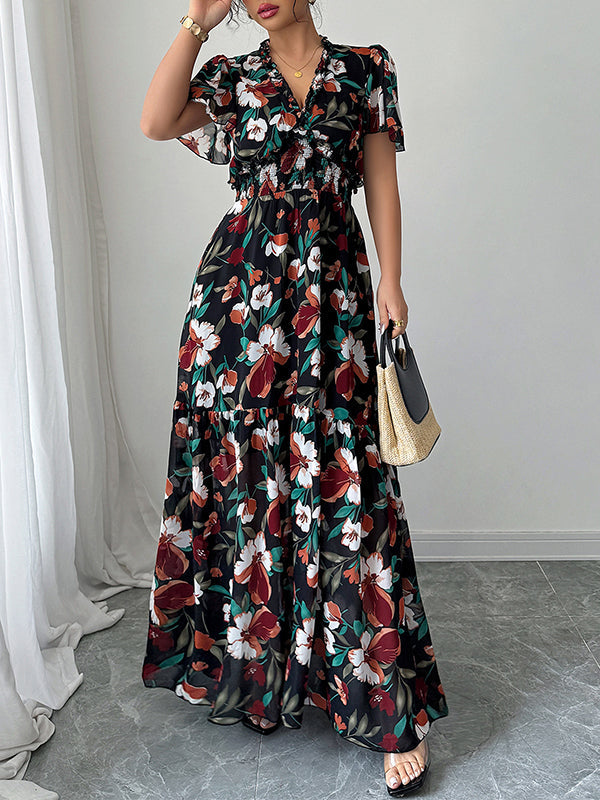 Robe longue ample plissée coupe trapèze, à taille élastique, à imprimé floral, à col en V, couleur contrastée