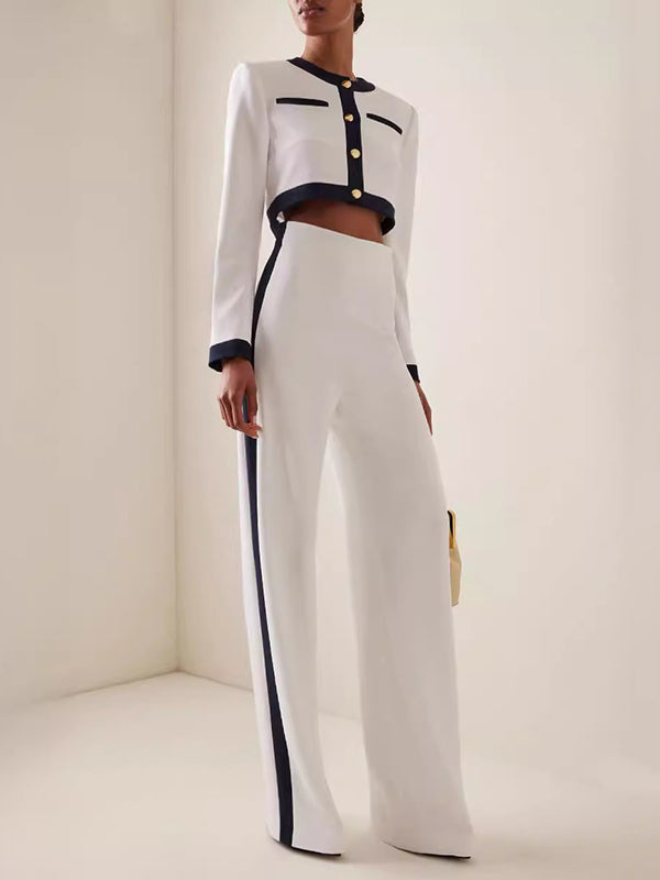 Ensemble deux pièces boutonné à manches longues, à empiècements, à col rond, taille haute – chemisier + pantalon