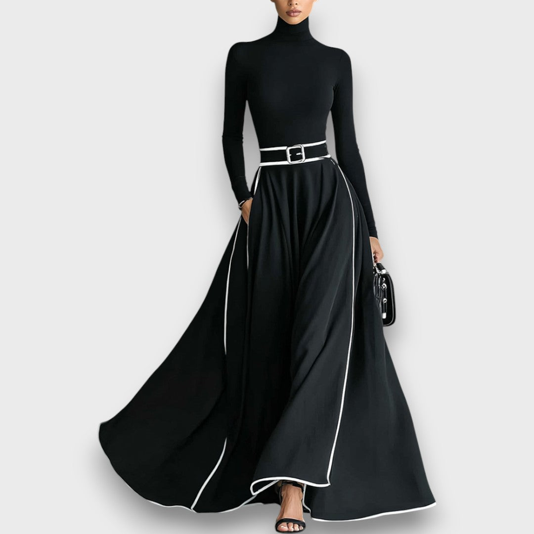 Marceline – Robe maxi noire avec coutures blanches