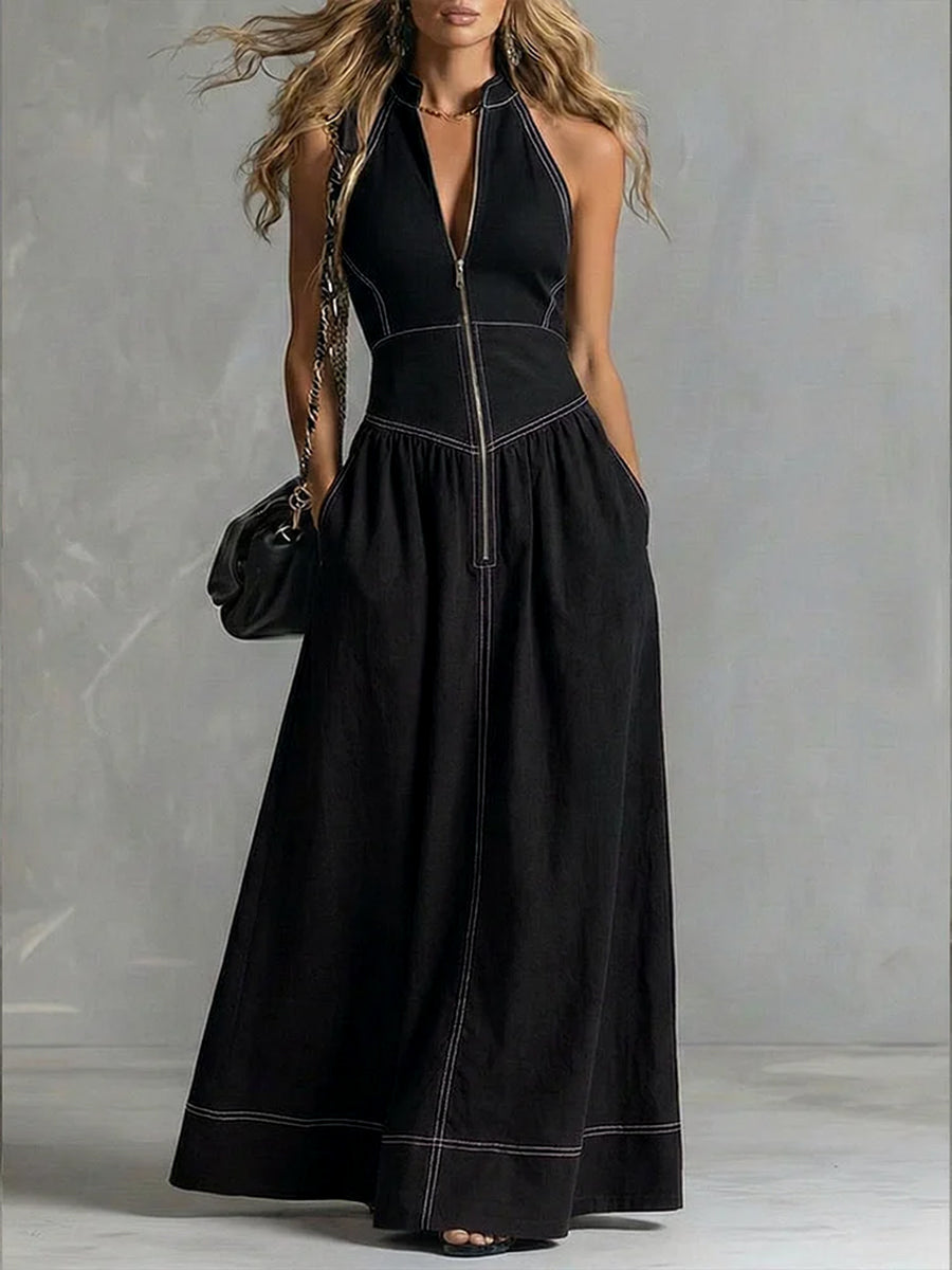 Robe longue plissée coupe trapèze, taille haute, à poches, à fermeture éclair, à col montant, couleur unie