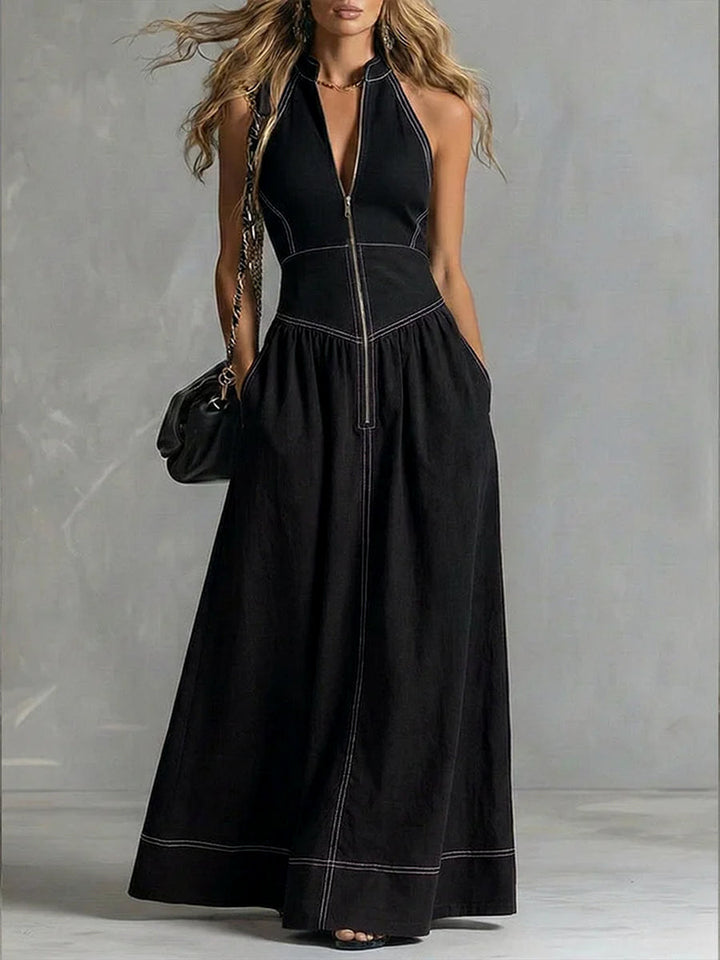 Robe longue plissée coupe trapèze, taille haute, à poches, à fermeture éclair, à col montant, couleur unie