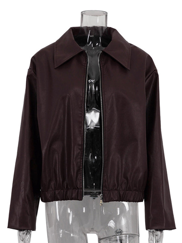 Veste ample à manches longues, à taille élastique, à fermeture éclair, à col revers, couleur unie