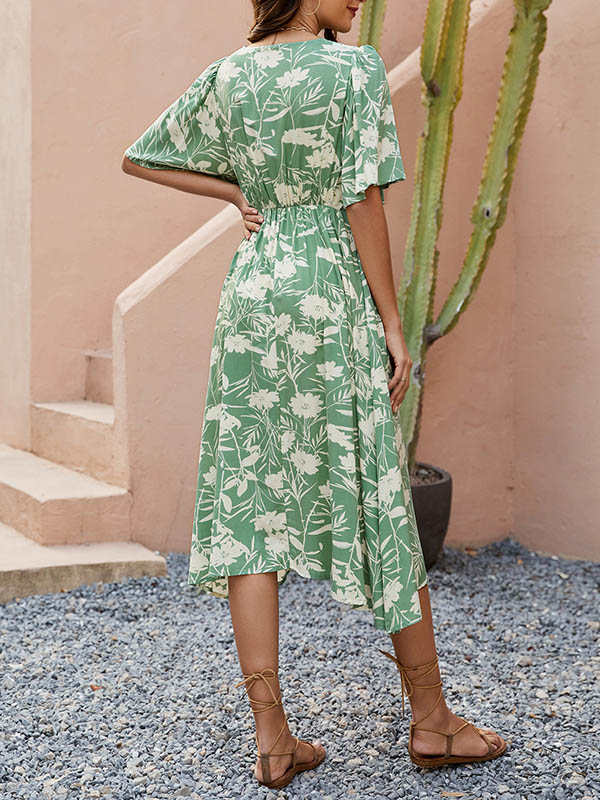 Robe mi-longue boutonnée plissée coupe trapèze, à manches mi-longues, à col en V, couleur contrastée