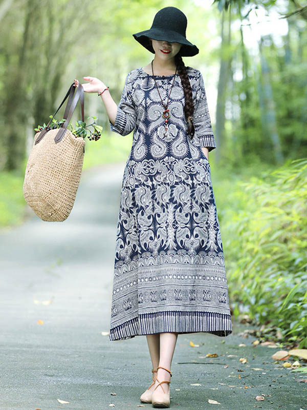 Robes mi-longues imprimées en mélange de coton vintage