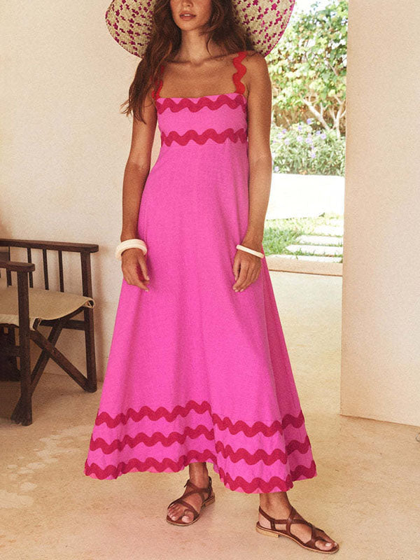 Robe mi-longue coupe trapèze, taille haute, à fermeture éclair, à col carré, couleur contrastée