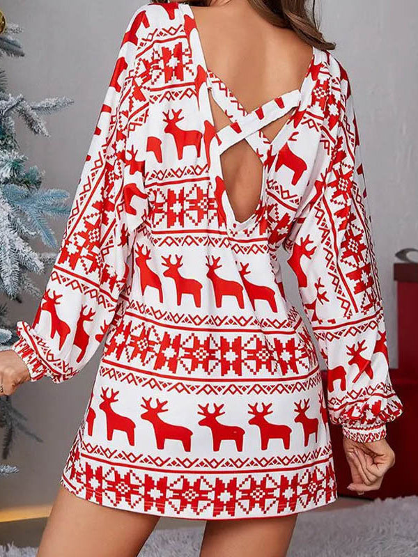 Robe courte à manches longues, à manches bouffantes, à imprimé animal, à imprimé floral, asymétrique à une épaule, couleur contrastée