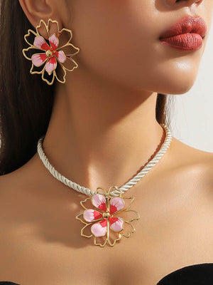Parure collier et boucles d'oreilles ajourée en forme de fleur, à imprimé léopard