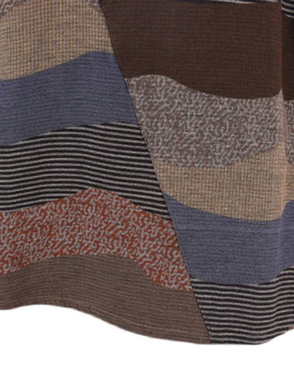 Robe mi-longue artistique ample rayée multicolore rétro, en coton et ramie, à col rond, à manches longues